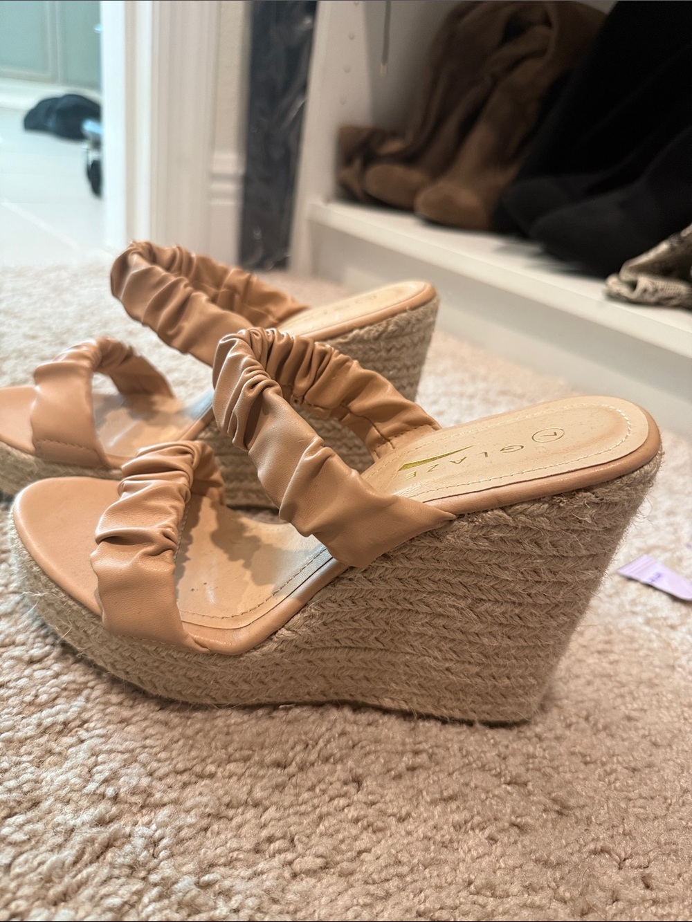 Glaze Beige Ruched Double-Strap Espadrille Wedges